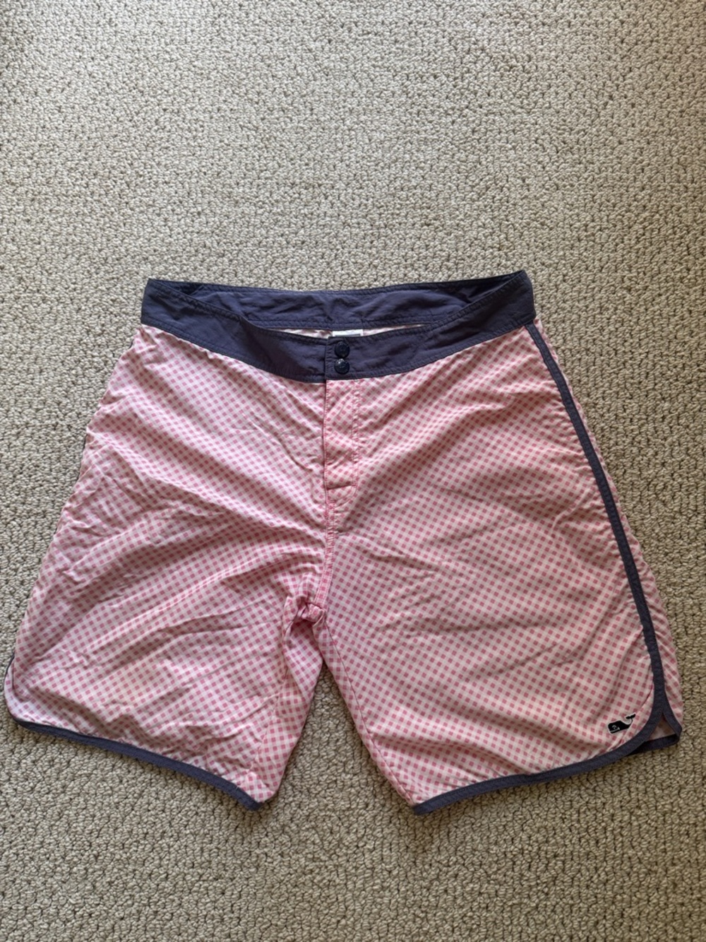 Vineyard Vines Pink Check Swim Board Shorts with Navy Trim